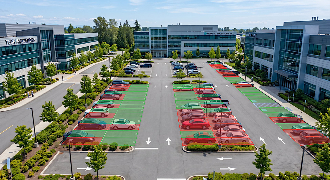 Annotated security camera feed showing parking slot availability