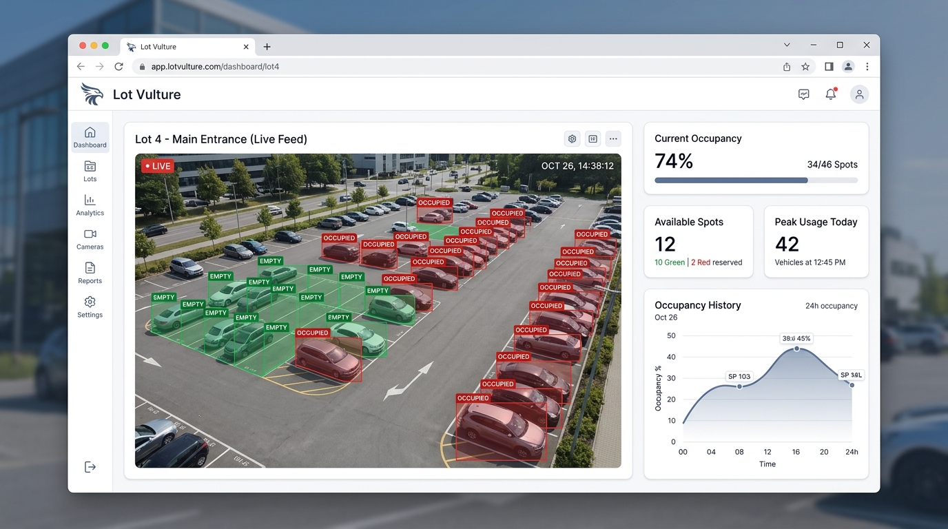 Lot Vulture Live Dashboard Mockup with AI space overlays and historical occupancy charts